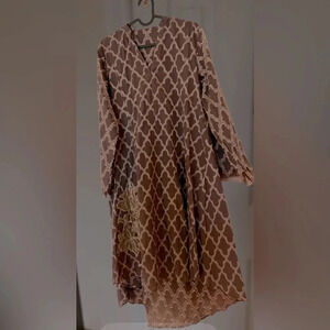 J designs Tile Print  open work hand embroidered  Kaftan Midi dress Sz small